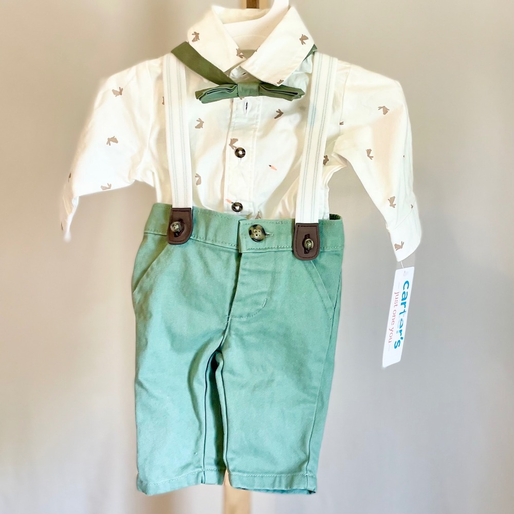 Carters Just One You Kids 4pc‎ Easter Set Bunny Shirt Green Pants Suspenders  NB